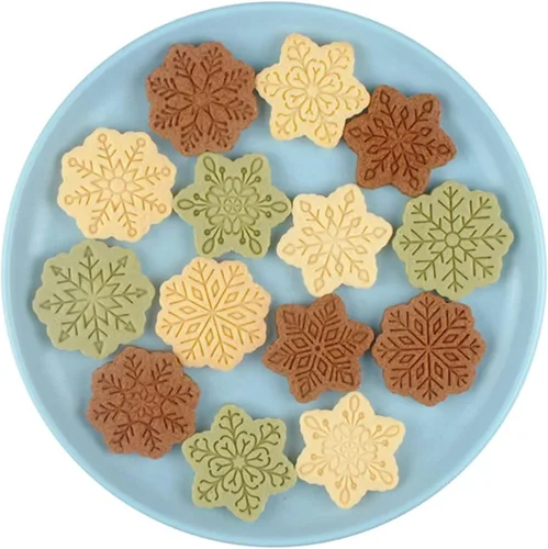Vista 6 de Juego de 9 patrones de sellos de galletas de copo de nieve 3D, plástico de grado alimenticio, 6 ramas con forma de copos de nieve, cortadores