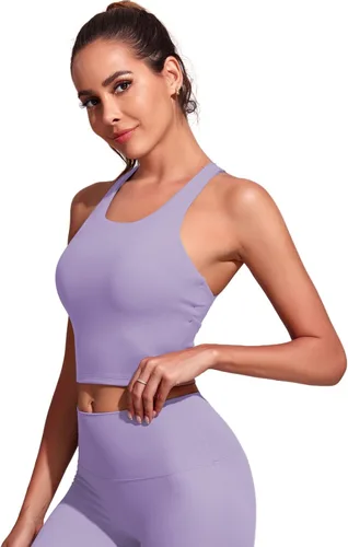 Vista 3 de Honlyps Criss Cross Workout Tops for Women Backless Strappy Sports Bra Longline Fitness Yoga Crop Tank Top with Bulit in Bra