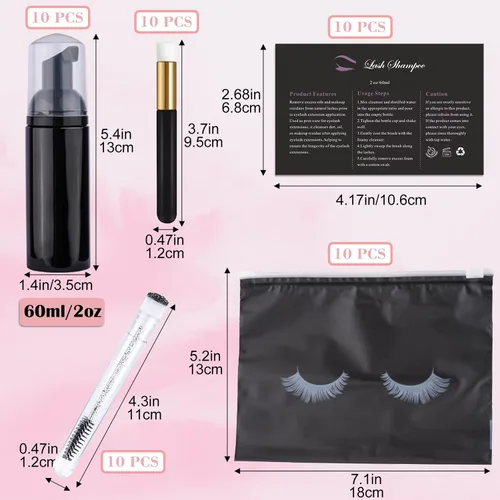 Vista 2 de Kit de limpieza de extensiones de pestañas 50pcs para clientes (negro) 10pcs Lash Brushes,10pcs Eyelash Cleaning Brush,10pcs Lash Bottles,10pcs