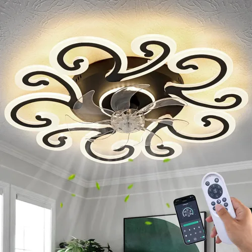 Vista 9 de Ventilador de techo de perfil bajo con control remoto y aplicación, motor silencioso y luz LED regulable, ventilador de techo de montaje empotrado