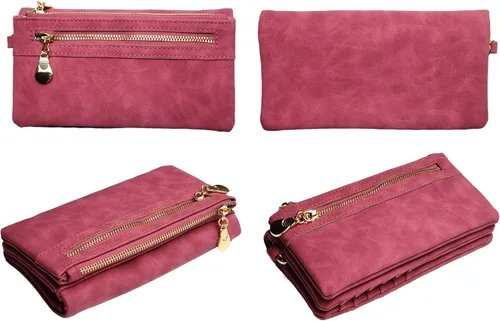 Vista 3 de Aslana Cartera larga de cuero suave con correa de mano para mujer, tarjetero y bolsa de teléfono (fucsia profundo)