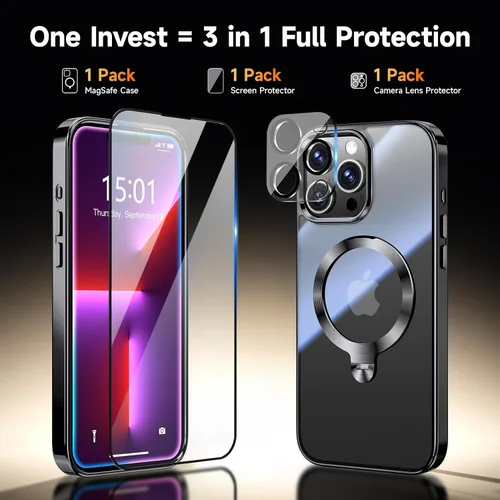Vista 3 de [Protección Tri-Shield] Funda para iPhone 13 Pro con soporte giratorio de 360° compatible con MagSafe [anillo magnético de CD)