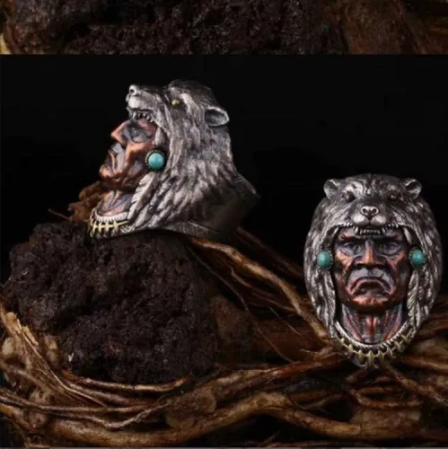Vista 2 de Anillo retro de plata de ley 925 para hombre, diseño de lobo antiguo, amuleto antiguo, nórdico, vikingo, nórdico, lobo, antideslustre, resistente al