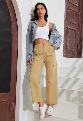 Vista 2 de Rasutina Women Petite Cargo Pants High Waisted Pants with 6 Pockets Wide Leg Trousers