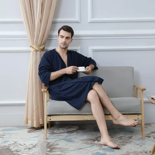 Vista 5 de Bata de baño tipo kimono ligera hasta la rodilla para hombre, bata de ducha para spa