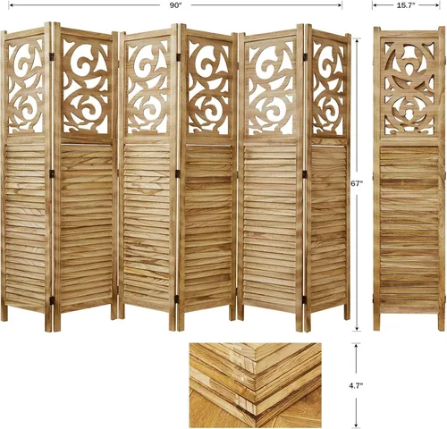 Vista 7 de Divisor de pared de madera tallada para interiores, plegable, portátil, para hogar, oficina, jardín, terraza, 6 paneles, 67 x 90 pulgadas (madera)