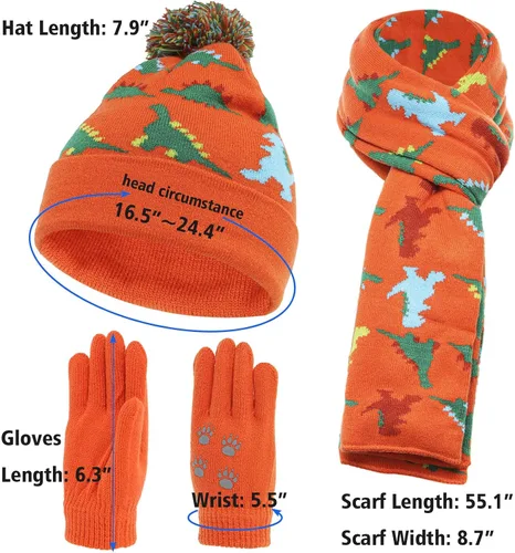 Vista 5 de Conjunto de 3 piezas de gorro de invierno para niños, bufanda y dinosaurio, pompón, gorro de punto, cálido