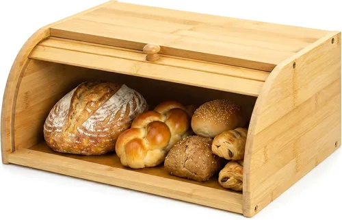 Vista 3 de Lawei Panera de bambú, caja de pan grande de madera con parte superior enrollable, contenedor de almacenamiento de pan para encimera, soporte