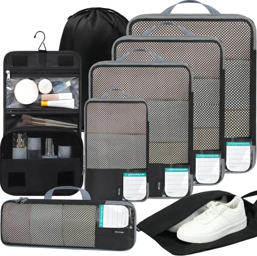 Vista 223 de BAGAIL 4 juegos/6 juegos/8 cubos de compresión para embalaje, accesorios de viaje, organizadores de embalaje expandibles (malla cuadrada, 06-beige)