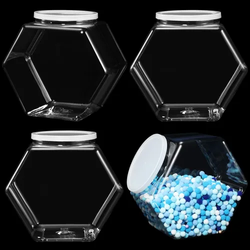 Vista 8 de EBOOT 4 tarros de plástico de 29 onzas para galletas de caramelo para encimera de cocina, tarro hexagonal con tapa, recipientes transparentes
