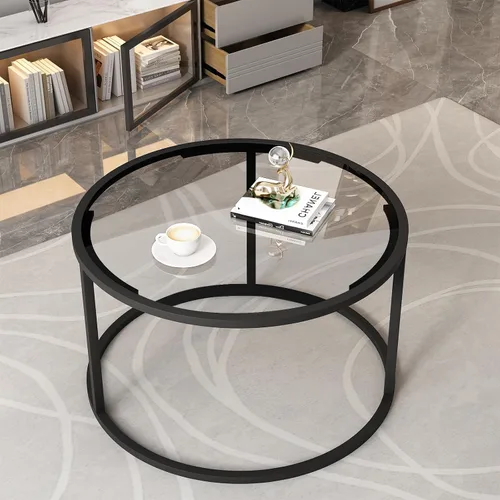 Vista 5 de Mesa de café redonda, pequeña mesa de café negra para sala de estar, mesa central moderna de 27" con tapa de vidrio transparente y marco de metal