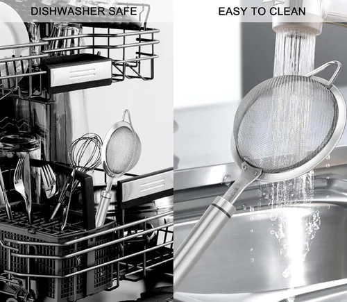 Vista 7 de Coladores de malla fina de acero inoxidable 304 para cocina, colador-escumador con asa, tamiz para alimentos, té, arroz, aceite, fideos, frutas