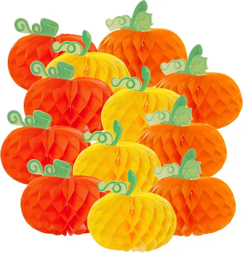 Vista 8 de Sucrain 12 calabazas de panal 3D de calabaza de papel de seda para Halloween, fiesta de Acción de Gracias, suministros de festival de otoño (naranja)