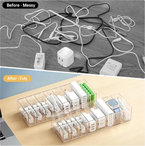 Vista 5 de FRETONBA Paquete de 2 Cajas Organizadoras de Almacenamiento de Cables con 8 Compartimentos y 14 Sujetadores de Alambre, Organizador de Cargadores