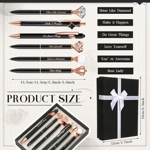 Vista 2 de Qeeenar 6 bolígrafos elegantes para mujer, bolígrafo de diamantes de cristal para diario, bonito bolígrafo con purpurina con caja, regalos Negro