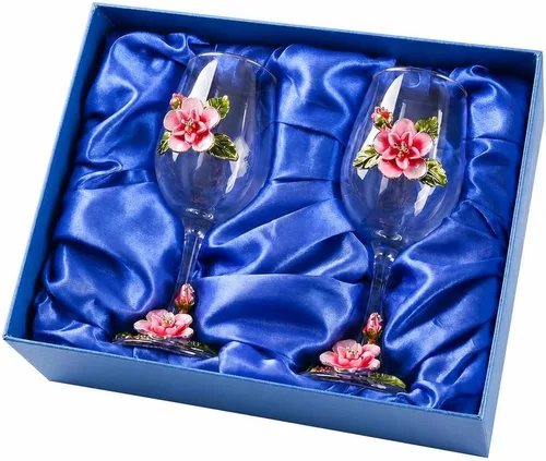Vista 16 de Simcat Copa de Vino Pintada a Mano de Esmalte Floral Transparente Refinada, Pie para Cabernet, Regalos (Caja de regalo doble azul, 2 Cajas de regalo)