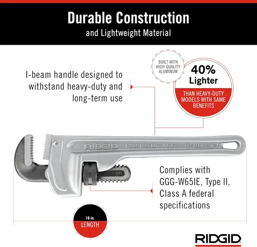 Vista 5 de RIDGID 31090 Llave de tubo recto de aluminio, llave de fontanería resistente de 10 pulgadas con hilos autolimpiantes y mordazas de gancho