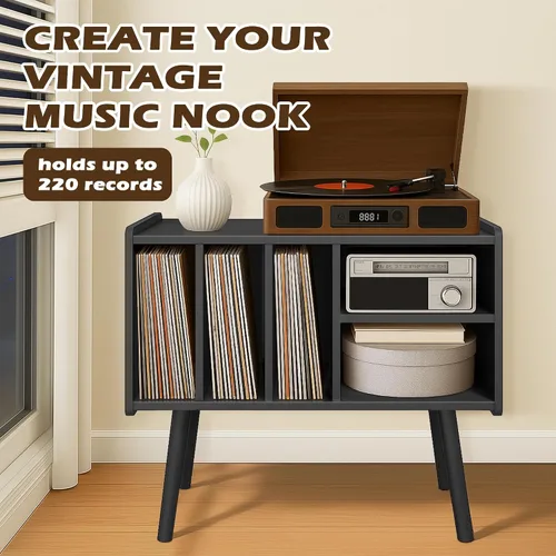 Vista 3 de Montex Record Player Stand with Vinyl Storage, Wooden Record Player Table with 5 Cabinet, Large Vinyl Record Player Stand, Record Player Holder