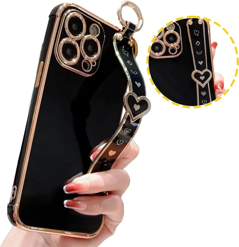 Vista 5 de IDweel Funda para iPhone 11 Pro Max con correa de pulsera ajustable, lazo atril, chapado de lujo de corazón, esquinas elevadas, a prueba de golpes