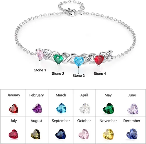 Vista 2 de Ashleymade Pulsera personalizada de eslabones de corazón para mujer, pulseras personalizadas de 2 a 7 nombres con piedras de nacimiento simuladas