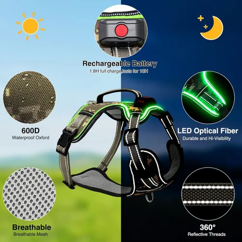Vista 7 de Arnés para perro con luz LED para caminar de forma segura por la noche, chaleco de malla suave que brilla en la oscuridad, chaleco para perros