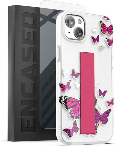 Vista 10 de ENCASED Funda para iPhone 14 diseñada para iPhone 14 con correa de mano, soporte para teléfono y protector de pantalla (mariposa azul)