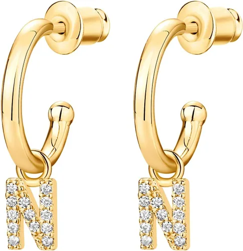 Vista 3 de PAVOI 14K Gold Plated 925 Sterling Silver Post Huggie Earring With Initial Dangle CZ Initial Huggie Hoop Earrings Womens Cubic Zirconia Dangle