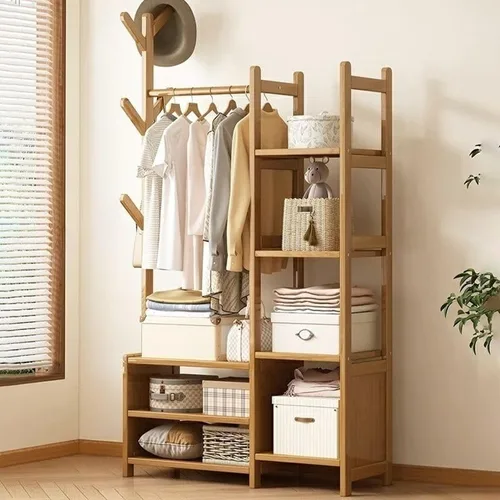 Vista 16 de Perchero de madera para colgar ropa con estantes de almacenamiento para entrada, pasillo, sala de estar