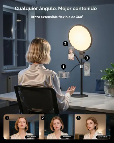 Vista 5 de Anillo de luz de 1300 lúmenes con soporte para escritorio, computadora y laptop, luz de podcast y transmisión con soporte flexible para teléfono