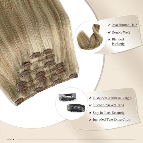 Vista 4 de Extensiones de cabello rubio ceniza con reflejos, extensiones de cabello humano real con clip, de 12 pulgadas, 2.47 onzas, doble trama, invisible