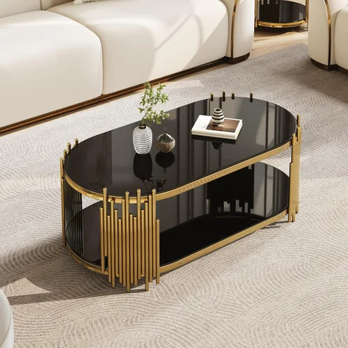 Vista 3 de Mesa de centro de cristal dorado de 2 niveles, moderna mesa de centro ovalada con estantes negros templados transparentes y marco de acero