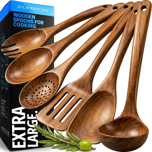 Vista 15 de Zulay Kitchen Juego de 5 cucharas de madera extragrandes - Utensilios de cocina de teca lisa - Cucharón, espátula, espumadera, tenedor, cuchara