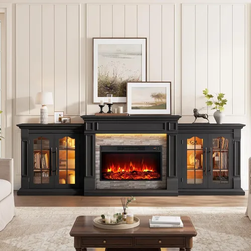 Vista 2 de 8-Color Electric Fireplace TV Stand, 104" Entertainment Center with Heater Negro
