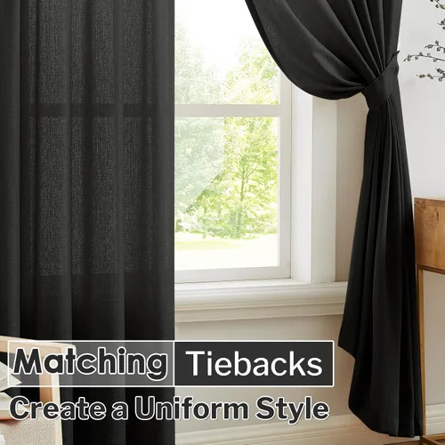 Vista 4 de Melodieux Cortinas Semitransparentes Negras de 63 Pulgadas de Largo para Ventanas Pequeñas de Sala de Estar y Dormitorio con Aspecto de Lino Rústico