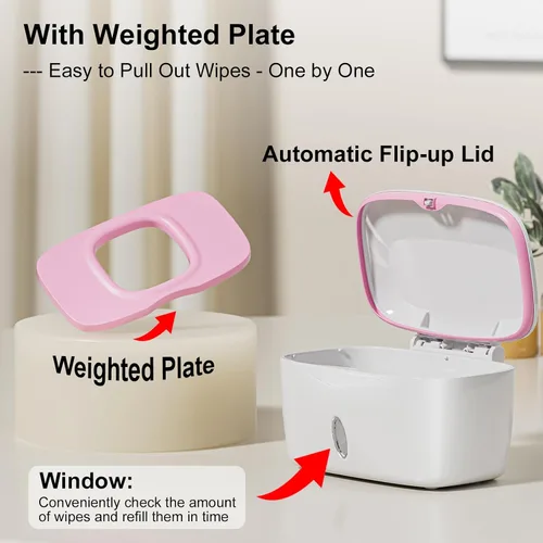 Vista 8 de Dispensador de toallitas con placa pesada, X2 PRO, soporte para toallitas Seposeve Perfect Pull para bebé, contenedor de toallitas recargable Rosa