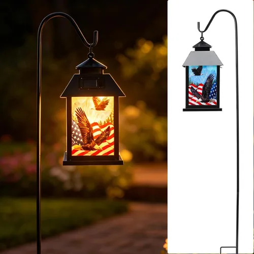 Vista 8 de Afirst Farol solar para exteriores, luces colgantes decorativas con bandera estadounidense, iluminación al aire libre, luces impermeables