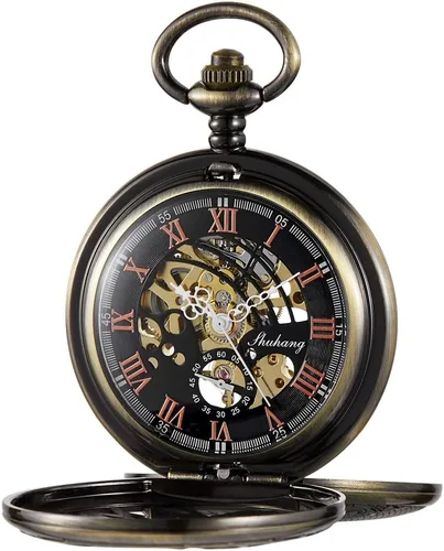Vista 3 de Bronze Men's Antique Mechanical Pocket Watch, Skeleton Mechanical Roman Numerals Pocket Watch with Chain + Box