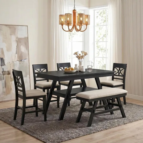 Vista 161 de Juego de mesa de comedor vintage de 6 piezas, juego de mesa de comedor de cocina de madera maciza con 4 sillas ergonómicas acolchadas y banco, mesa