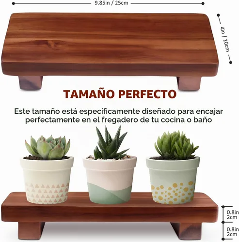 Vista 2 de Soporte de jabón con pedestal de madera de acacia de 9.8 x 4 pulgadas, elevador de madera maciza 100%, soporte rústico para velas y plantas