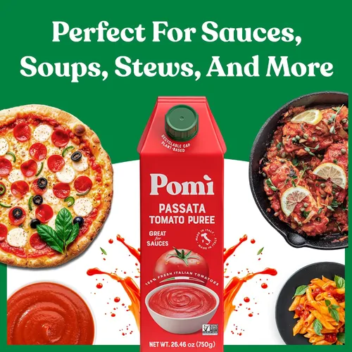 Vista 7 de Pomì Tomato Passata 26.46 onzas (paquete de 6) – Hecho en Italia – Puré de tomate cremoso y aterciopelado con toque de sal, sin aditivos ni