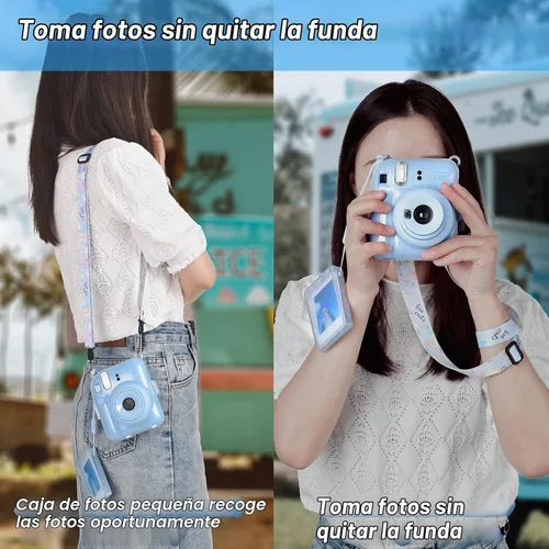 Vista 5 de Fuji Mini 12 - Funda rígida de policarbonato transparente para cámara instantánea Instax Mini 12 con calcomanías y soporte para almacenamiento