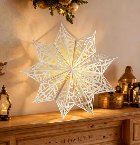 Vista 9 de 10 piezas de linternas de copo de nieve de papel de Navidad, grandes linternas de papel de estrella de Navidad con luces LED, adornos blancos