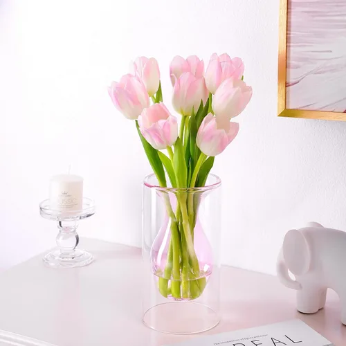 Vista 5 de ZENS Florero Pequeño de Flor Rosa Único, Florero de Vidrio Transparente Flotante Doble Hueco, Moderno Jarrón Decorativo Soplado a Mano Fresco