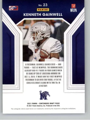Vista 2 de 2021 Contenders Draft (NCAA) Football Playing the Numbers Game #23 Kenneth Gainwell Memphis Tigers Official Panini America Trading Card