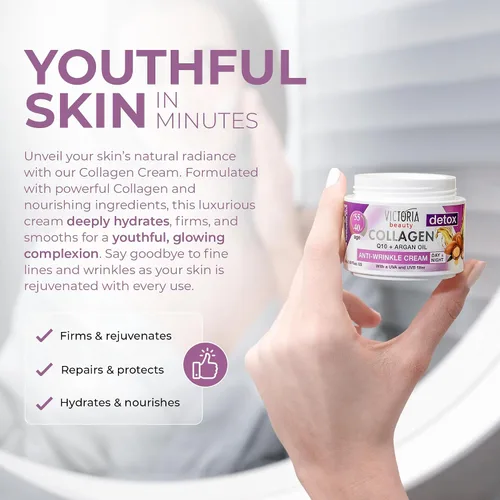 Vista 6 de Skin Care Detox Crema facial de día y noche hidratante antienvejecimiento con colágeno, ácido hialurónico, Q10, aceite de argán y un filtro UVA/UVB