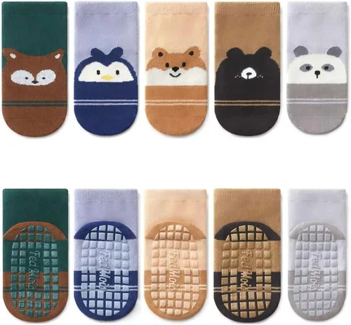 Vista 16 de 5 pares de calcetines antideslizantes de algodón para bebés y niños pequeños con diseño de animales