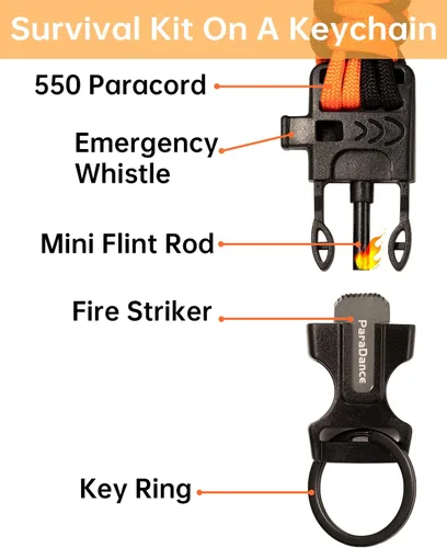 Vista 2 de Survival Keychain Fire Starter w/Flint Striker Paracord Whistle Keyring for Hiking Camping Fishing Hunting