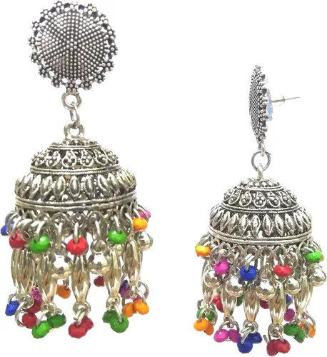 Vista 2 de DESI HAWKER Pendiente oxidado de plata Bali Jhumki Jhumka Joyería Bollywood gota colgante araña NI-85, Metal