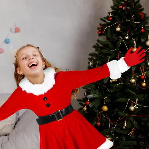 Vista 4 de Xtinmee Juego de 4 piezas de disfraz de Papá Noel para niñas, vestido de Papá Noel rojo, sombrero de Navidad y guantes de piel, pantimedias