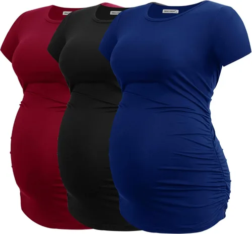 Vista 13 de Smallshow - Camiseta de maternidad para mujer, lados fruncidos, tipo túnica, prendas para el embarazo Verde militar-negro-gris profundo